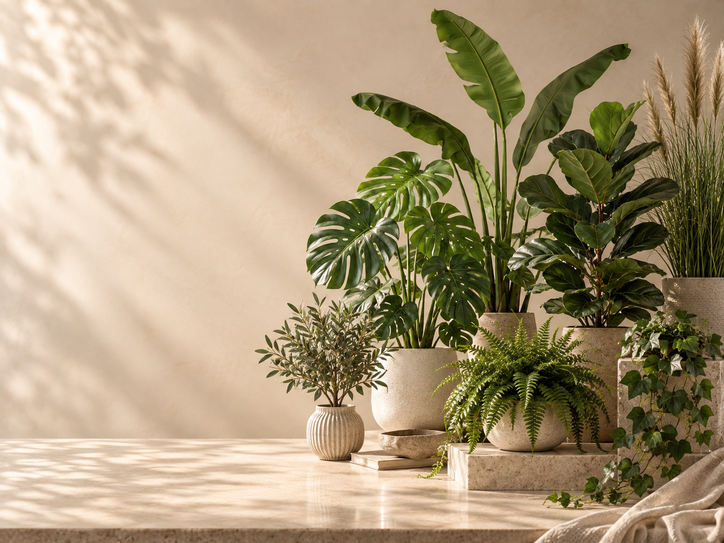 Composición decorativa con plantas y maceteros de la home de Floresymuchomas